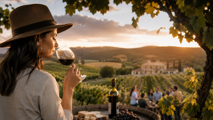 Visitante disfrutando una experiencia de enoturismo al atardecer entre viñedos, con una copa de vino en primer plano y una bodega al fondo, en un entorno que combina paisaje, emoción y cultura del vino.