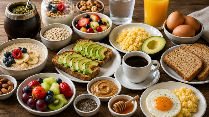 Desayuno saludable inspirado en los hábitos alimenticios de futbolistas de élite, con tostadas de aguacate, huevos, fruta fresca, avena, yogur, café, zumo natural, mate y frutos secos sobre una mesa de madera.
