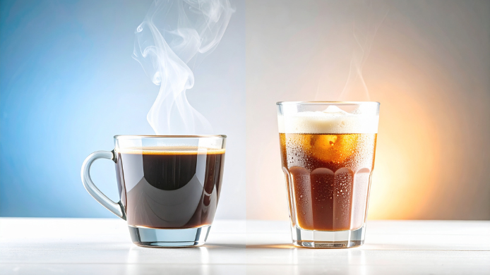 Comparativa entre una taza de café caliente humeante y un vaso de café frío con hielo