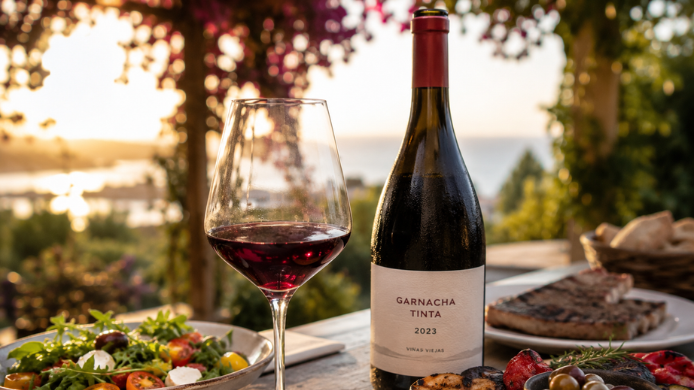 Copa de vino tinto servida fresca en una mesa de verano con ensalada, verduras a la brasa y carnes, ideal para disfrutar de tintos ligeros al aire libre.