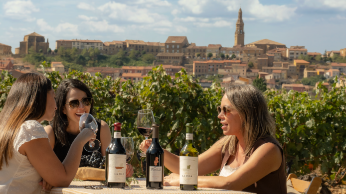Visitantes disfrutan de una cata de vinos al aire libre entre viñedos en Briones, La Rioja, con vistas al paisaje histórico, en una experiencia de enoturismo premium de Vivanco.