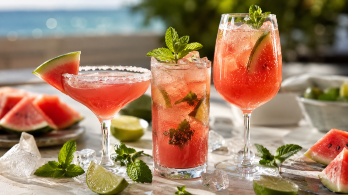 Tres cócteles de sandía con hielo, lima y menta servidos en una terraza soleada junto a varias porciones de fruta fresca.