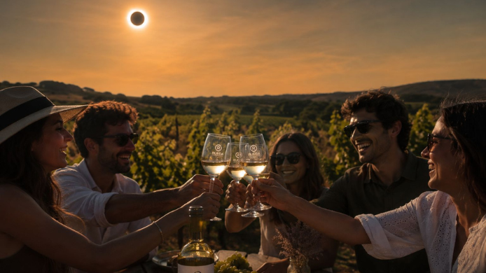 Grupo de amigos brindando con vino entre viñedos mientras observan un eclipse total de Sol al atardecer.