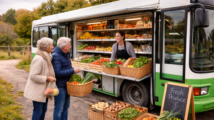 Autobús  como mercados móviles con frutas y verduras alrededor de personas