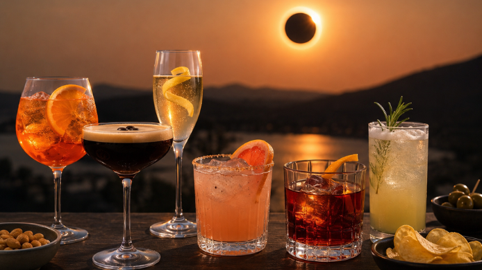 Selección de cócteles dorados, anaranjados, rosados y oscuros sobre una mesa al aire libre durante un eclipse solar al atardecer.