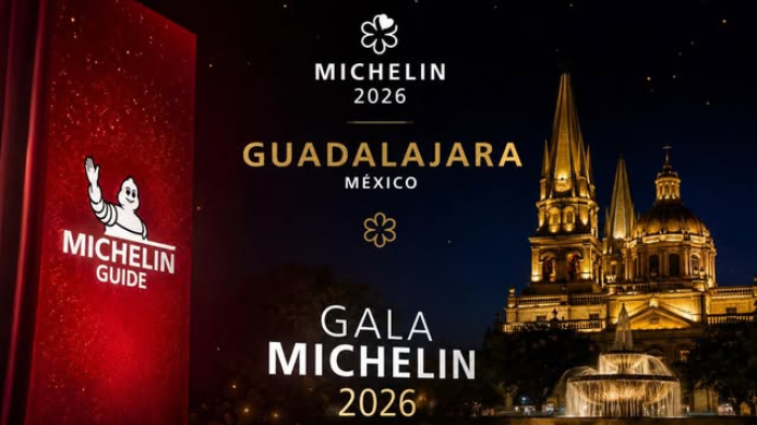 Imagen promocional de la Gala Guía Michelin México 2026 celebrada en Guadalajara, con la identidad visual de la Guía Michelin y la catedral iluminada de la ciudad como telón de fondo.