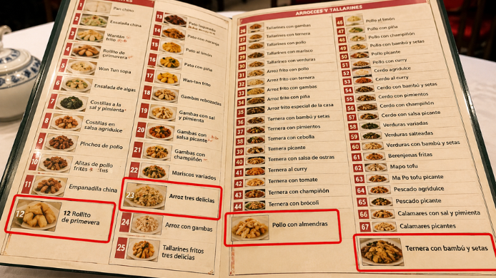 Carta numerada de un restaurante chino tradicional en España 