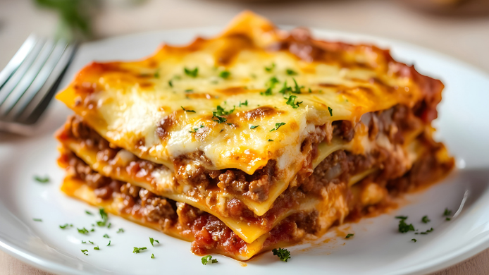 Porción de lasaña boloñesa tradicional con queso gratinado en un plato