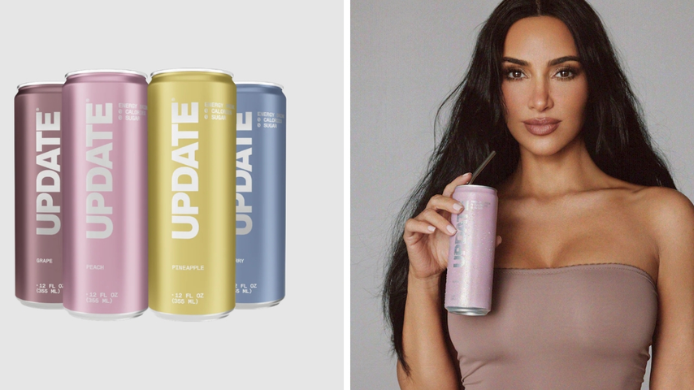 Latas de la bebida energética UPDATE junto a Kim Kardashian sosteniendo una de ellas.