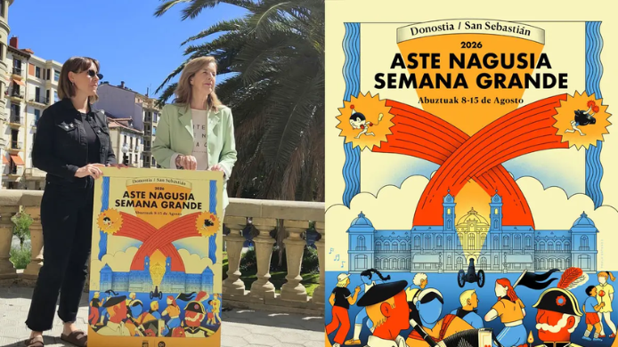 Presentación del cartel oficial de Aste Nagusia 2026 junto a la ilustración de la Semana Grande de San Sebastián, que se celebrará del 8 al 15 de agosto.