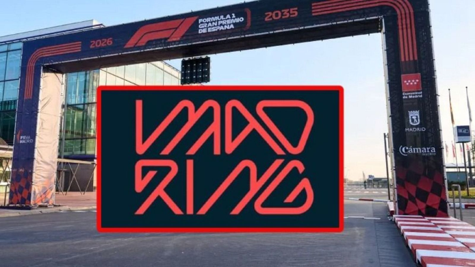 Imagen del acceso al circuito Madring en Madrid, futura sede del Gran Premio de España de Fórmula 1 2026, con la identidad visual oficial del evento.