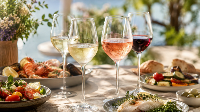 Copas de vino blanco, rosado y tinto junto a platos frescos de verano con pescado, marisco y ensalada