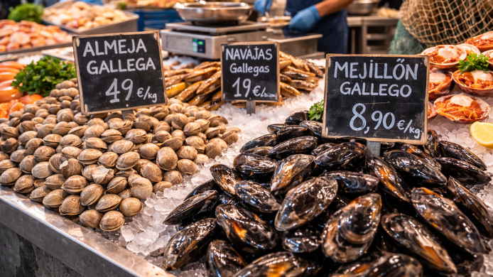 Puesto de mercado con marisco: almejas, navajas y mejillones