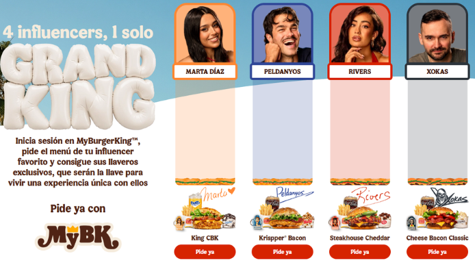 Promoción Grand King de Burger King España con los influencers Marta Díaz, Peldanyos, Marina Rivers y El Xokas compitiendo con menús personalizados para convertirse en el menú más vendido del verano.