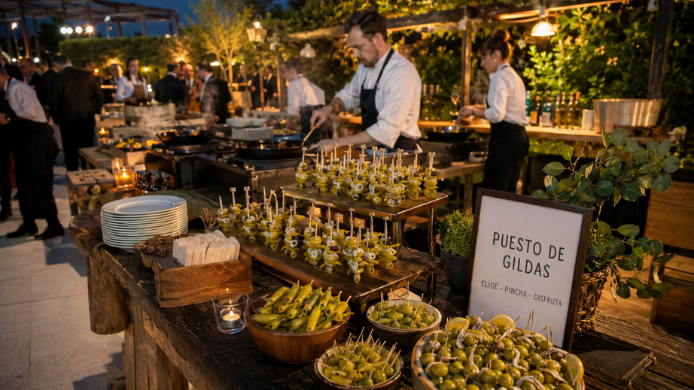 Estación gastronómica de gildas durante un catering de boda al aire libre, con cocina en directo, invitados disfrutando del cóctel y una propuesta inspirada en las nuevas tendencias gastronómicas para celebraciones.