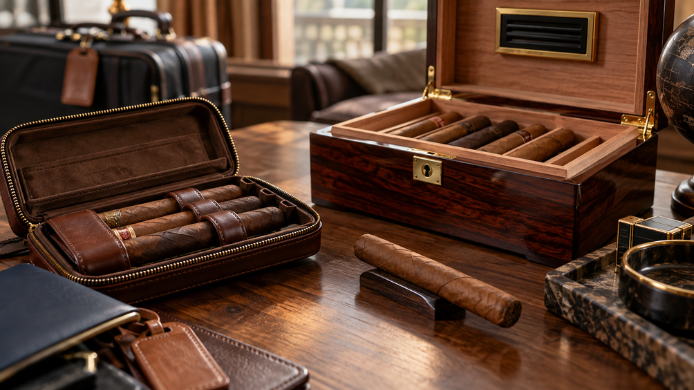 Estuche de viaje con Habanos junto a un humidor de madera, listo para su reposo y aclimatación tras el transporte.