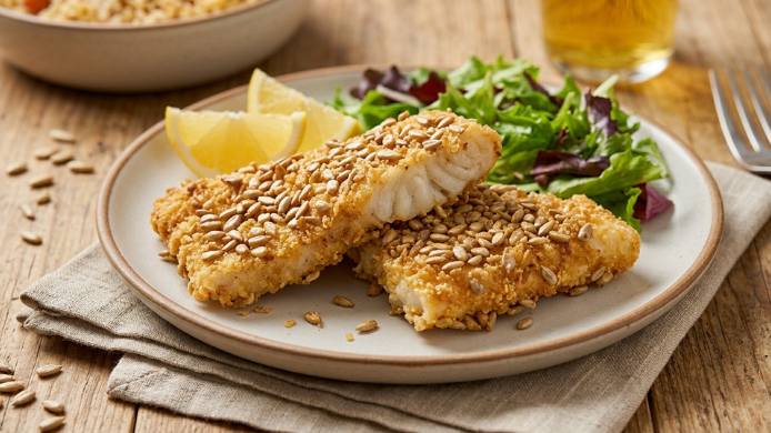 Pescado empanado con semillas de girasol