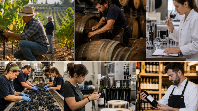 Collage fotográfico que muestra a distintos profesionales del sector vitivinícola trabajando en cada etapa de la elaboración del vino, desde el viñedo y la selección de la uva hasta la crianza en barrica, el control de calidad, el embotellado y la sumillería.