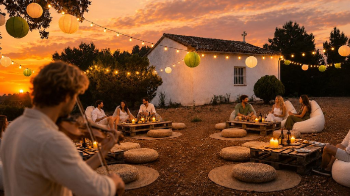 Asistentes disfrutan de una experiencia enoturística al atardecer entre viñedos mientras un violinista interpreta música en directo junto a una ermita rural en Cariñena.