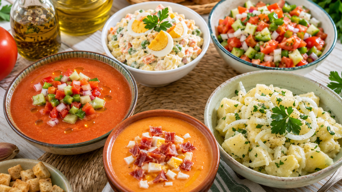 Mesa de verano con gazpacho, salmorejo, ensaladilla rusa, pipirrana y papas aliñás
