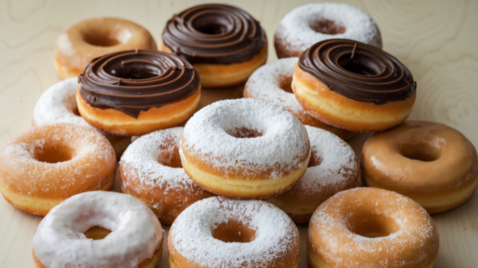 Donuts glaseados y decorados en diferentes sabores durante la celebración del Día Internacional del Donut.
