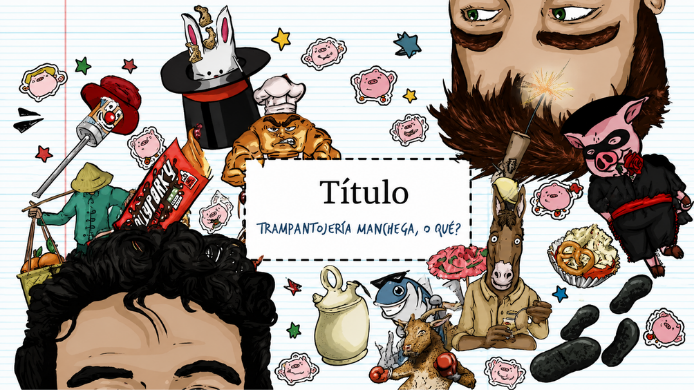 Ilustración de Trampantojería Manchega, ¿o qué? con personajes, alimentos y referencias visuales a la cocina manchega reinterpretada mediante trampantojos.