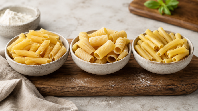 Tres cuencos con diferentes tipos de pasta corta italiana, penne, rigatoni y ziti, sobre una tabla de madera en una cocina.