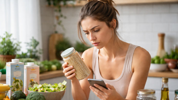 Mujer leyendo etiquetas y comparando con el movil