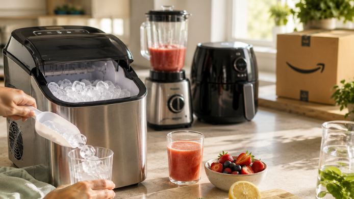 Máquina de hielo, batidora y freidora de aire en una cocina de verano con una caja de Amazon al fondo