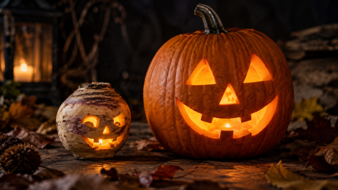 Nabo tallado y calabaza de Halloween iluminados juntos, mostrando la evolución de la tradición de la Jack-o’-lantern.
