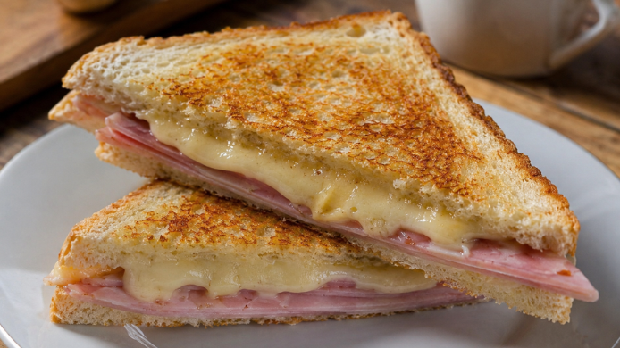 Bikini o sándwich mixto de jamón y queso recién tostado, servido sobre un plato blanco, con pan dorado y queso fundido en su interior.
