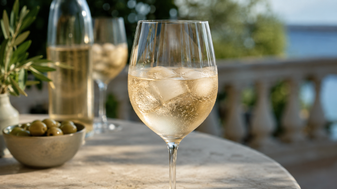 Copa de vino blanco con hielo servida en una terraza de verano junto a aceitunas