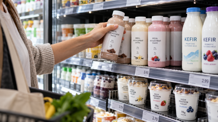 Persona eligiendo una bebida sustitutiva de comida en un refrigerador, junto a otros productos asociados a una alimentación rápida y funcional.
