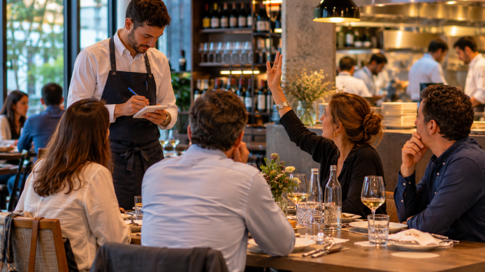 Camarero tomando nota a una mesa de clientes mientras la cocina trabaja al fondo durante el servicio en un restaurante.