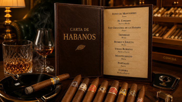 Carta de Habanos abierta junto a una selección de puros premium, copa de destilado y humidor en un elegante salón de fumadores, representando el arte de elegir la fumada perfecta.