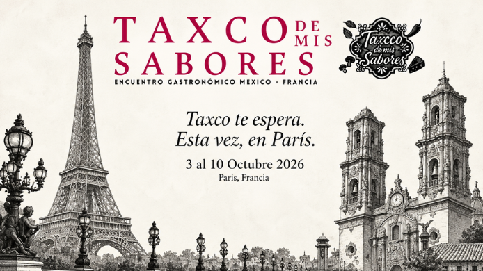 Cartel horizontal de Taxco de Mis Sabores París 2026 con la Torre Eiffel y arquitectura colonial de Taxco.