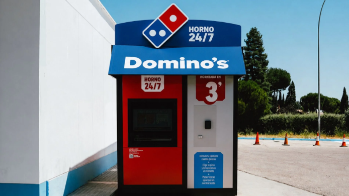 Máquina automática Horno 24/7 de Domino’s Pizza instalada en una estación de servicio.
