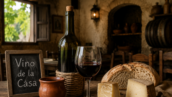 Botella y copa de vino tinto sobre una mesa de mesón con pan, queso y una pizarra de vino de la casa