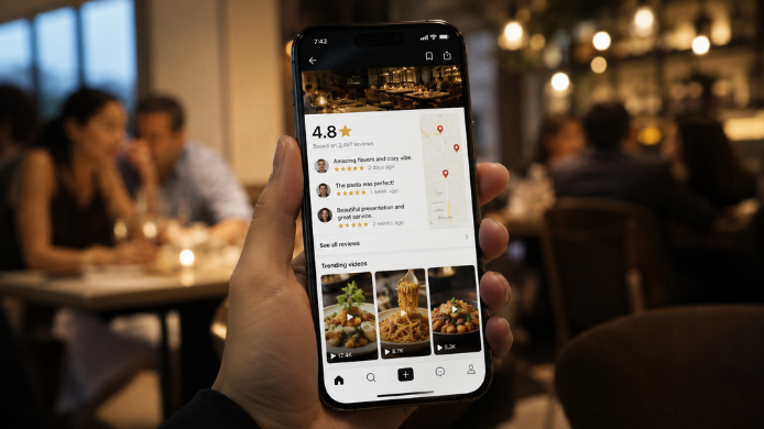 Mano sosteniendo un teléfono móvil observando reseñas de restaurantes  y vídeos gastronómicos mientras varios comensales cenan en un restaurante.