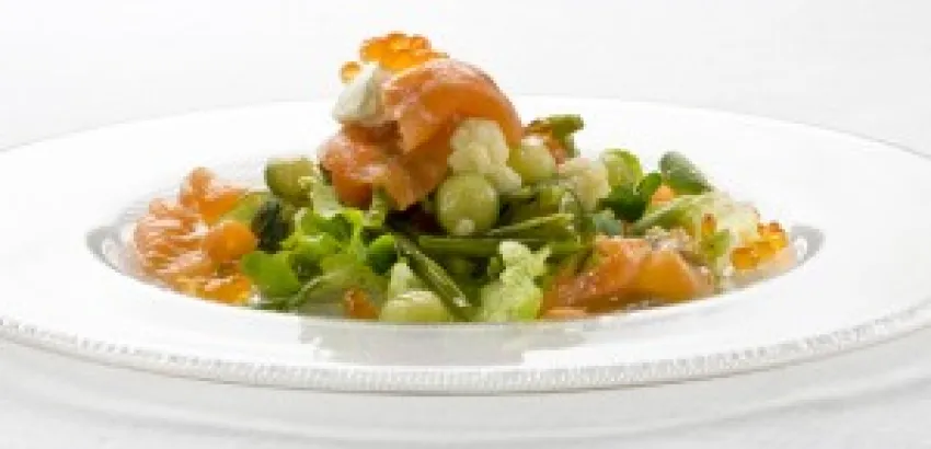 Ensalada de verduras al vapor con Salmón Noruego Ahumado Ensalada de verduras al vapor con Salmón Noruego Ahumado