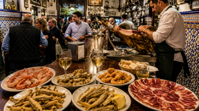 Barra de una taberna andaluza en Madrid con platos de pescaíto frito, jamón ibérico, mariscos y copas de vino, en un ambiente tradicional y animado.