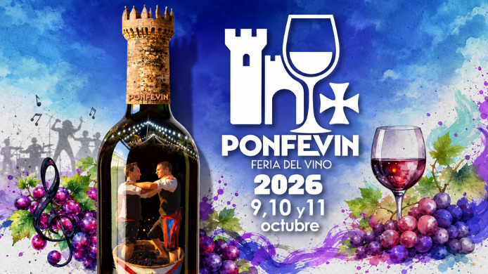 Cartel de Ponfevin 2026, Feria del Vino de Ponferrada, con botella, copa de vino, uvas y las fechas 9, 10 y 11 de octubre.
