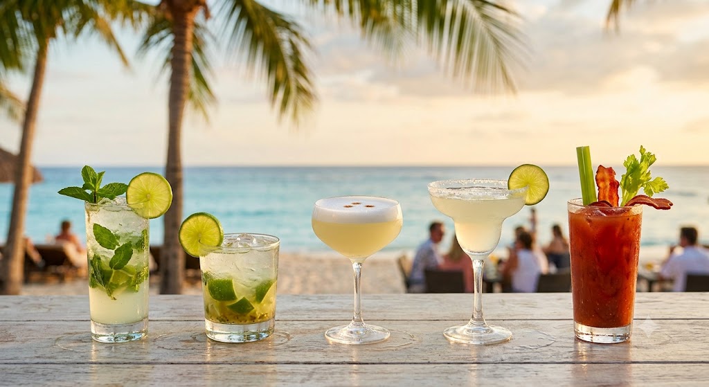 Cinco cócteles de verano clásicos servidos en una barra de madera frente a una playa tropical al atardecer