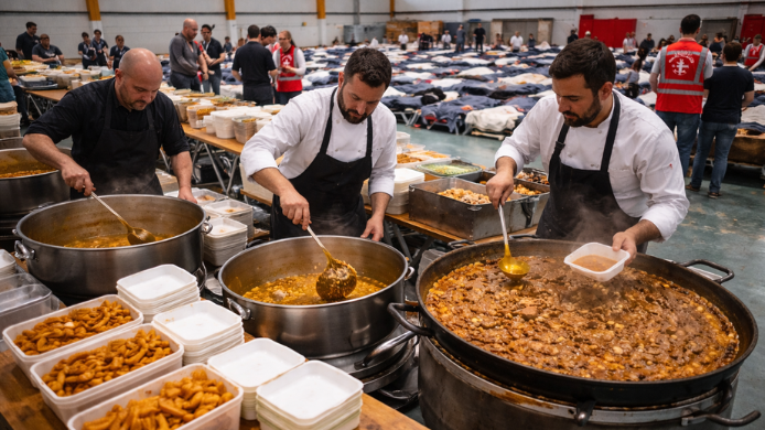 Cocineros cocinando en el polideportivo de Ronda