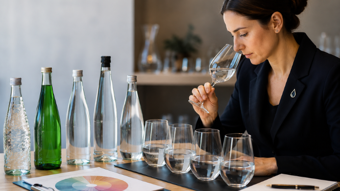 Profesional realizando una cata de agua en una sesión de formación especializada, analizando las características sensoriales de diferentes aguas minerales mediante técnicas de sumillería.