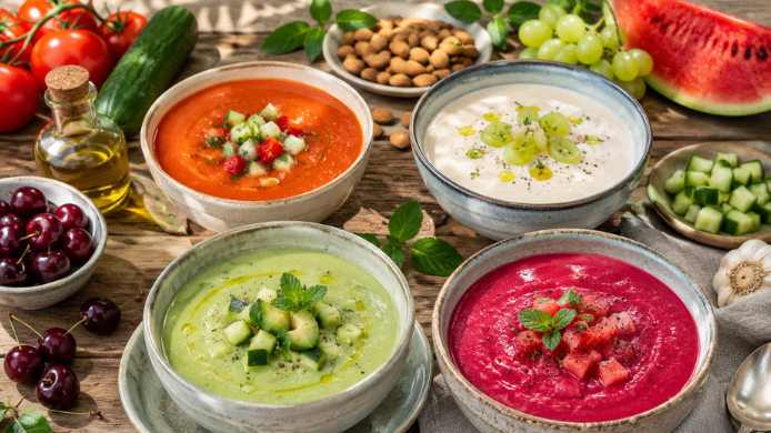 Selección de sopas frías de verano servidas en cuencos de cerámica artesanal sobre una mesa de madera al aire libre, con gazpacho, ajoblanco, sopa de sandía y remolacha y crema de aguacate y pepino rodeadas de ingredientes frescos.