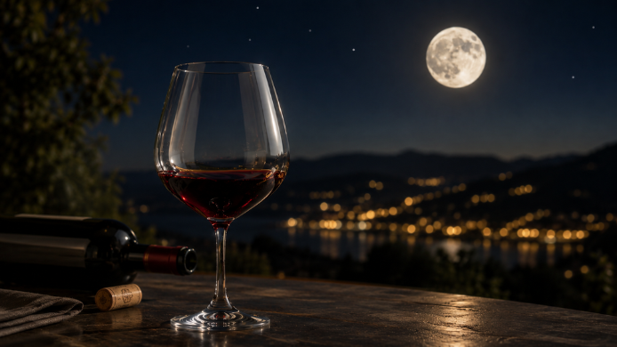 Copa de vino tinto bajo la luz de la luna llena en un paisaje nocturno, imagen evocadora inspirada en el calendario biodinámico y la relación entre vino y ciclos lunares.