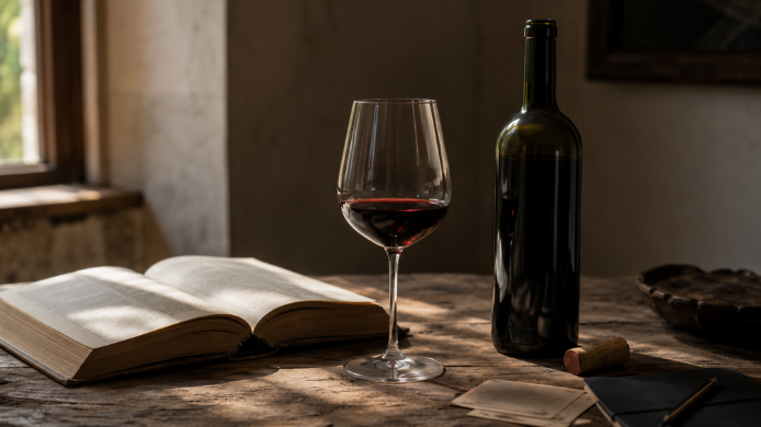 Copa de vino tinto junto a una botella sin etiqueta y un libro abierto sobre una mesa de madera iluminada por la luz de una ventana.