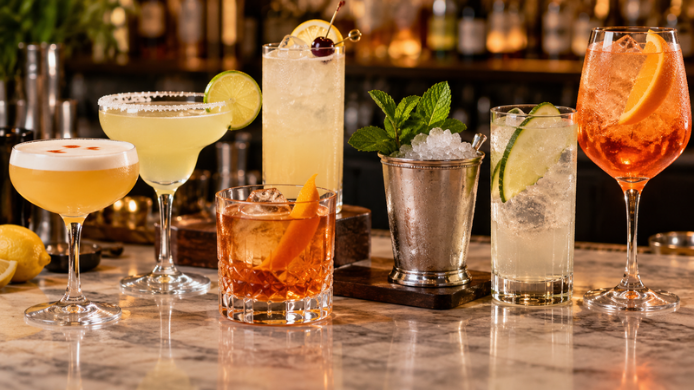 Siete cócteles clásicos de distintas familias —Sour, Daisy, Collins, Old Fashioned, Julep, Highball y Spritz— servidos en diferentes tipos de copa y vaso sobre una barra.