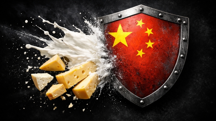 Ilustración conceptual de un escudo con la bandera de China que bloquea productos lácteos, símbolo de los nuevos aranceles a las exportaciones europeas